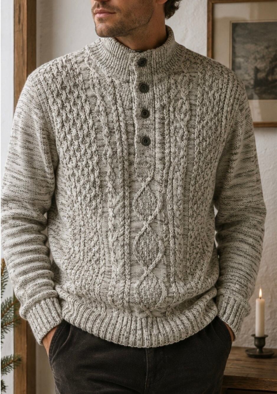 1897 Men’s Cable Knit Mock Neck Henley Sweater 100% Cotton fishermen preppy  L